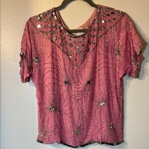 Vintage Pink Top Silver Sequined and Beaded Short Sleeve Blouse Large Festival